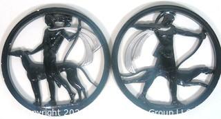 Pair of Vintage Art Deco Diana Goddess & Greyhound Dog Plaster Relief Wall Plaque of Greek God & Goddess with Dogs.  Has been repaired.  Measures approximately 16" in diameter. 