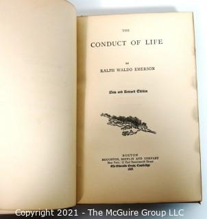 "Conduct of Life" of By Ralph Waldo Emerson, 1888 with Leather Binding, Marbled Cover and Gilt Ends. 