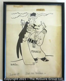 Framed Under Glass Political Cartoon by Stan MacGovern of the New York Post. Features Uncle Sam and Gen. Franco with Original Copy Notations. Measures approximately 12" x 15".  