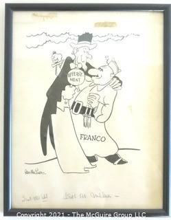 Framed Under Glass Political Cartoon by Stan MacGovern of the New York Post. Features Uncle Sam and Gen. Franco with Original Copy Notations. Measures approximately 12" x 15".  