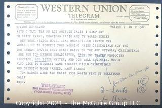 Ephemera: Sports: Telegram from Tom Harmon to Clifford Evans requesting press credentials and passes to World Series games. 1964