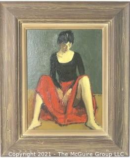 Moses Soyer Framed Oil on Board of Woman in Red Skirt Entitled "Dancer Resting"; Inside dimensions 12 x 15"; Outside dimensions 20" x 24"