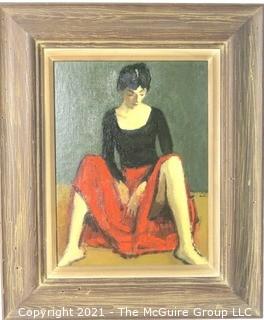 Moses Soyer Framed Oil on Board of Woman in Red Skirt Entitled "Dancer Resting"; Inside dimensions 12 x 15"; Outside dimensions 20" x 24"