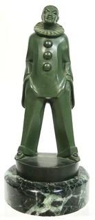 Art Deco Pierrot Clown Statuette by Max LeVerrier Made in Green Patinated Bronze on Marble Base; 10"T   