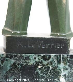 Art Deco Pierrot Clown Statuette by Max LeVerrier Made in Green Patinated Bronze on Marble Base; 10"T   