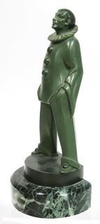 Art Deco Pierrot Clown Statuette by Max LeVerrier Made in Green Patinated Bronze on Marble Base; 10"T   