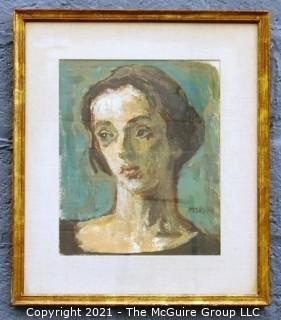 Framed Under Glass Watercolor On Paper Portrait Entitled "The Young Actress" by Moses Soyer. The image measures approximately 15" x 12".  The frame measures approximately 17 1/2" x 22 1/2".