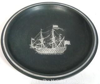 Gustavsberg Argenta Stoneware Pottery Shallow Bowl Designed by Wilhelm Kage with Silver Ship on Black Base. Measures approximately 12" in diameter.