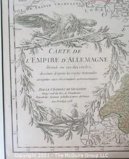 1756 Framed Antique Map of the German Empire By Leading French Cartographer Gilles Robert de Vaugondy of the Royal Academy of Sciences, Nancy. Outside Dimensions 26W x 29"T 