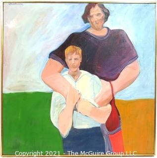 Large Framed Oil on Canvas of Painting Entitled "Mother and Son" by Susan Middleman.  Measures approximately 37" square. She was exhibited at the Franz Bader Gallery in Washington DC.