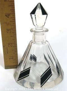 Karel Palda Bohemian Czech Art Deco Clear Cut Glass With Black Accents Decanter or Perfume Bottle with Dobber.