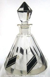 Karel Palda Bohemian Czech Art Deco Clear Cut Glass With Black Accents Decanter or Perfume Bottle with Dobber.