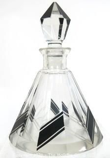 Karel Palda Bohemian Czech Art Deco Clear Cut Glass With Black Accents Decanter or Perfume Bottle with Dobber.