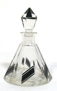 Karel Palda Bohemian Czech Art Deco Clear Cut Glass With Black Accents Decanter or Perfume Bottle with Dobber.