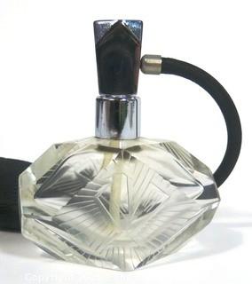 Art Deco Czech Art Deco Clear Cut Glass With Frosted Design Perfume Bottle with Atomizer.