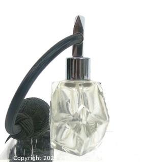 Art Deco Czech Art Deco Clear Cut Glass With Frosted Design Perfume Bottle with Atomizer.