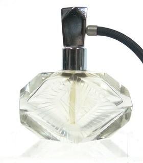 Art Deco Czech Art Deco Clear Cut Glass With Frosted Design Perfume Bottle with Atomizer.