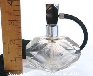 Art Deco Czech Art Deco Clear Cut Glass With Frosted Design Perfume Bottle with Atomizer.