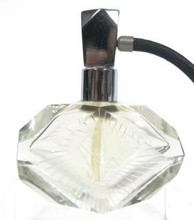 Art Deco Czech Art Deco Clear Cut Glass With Frosted Design Perfume Bottle with Atomizer.