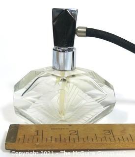 Art Deco Czech Art Deco Clear Cut Glass With Frosted Design Perfume Bottle with Atomizer.