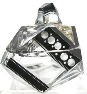 Karel Palda Bohemian Czech Art Deco Clear Cut Glass With Black Accents Decanter or Perfume Bottle with Dobber.