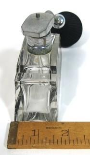 Karel Palda Bohemian Czech Art Deco Clear Cut Glass With Black & Gold Accents Perfume Bottle with Atomizer.