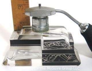 Karel Palda Bohemian Czech Art Deco Clear Cut Glass With Black & Gold Accents Perfume Bottle with Atomizer.