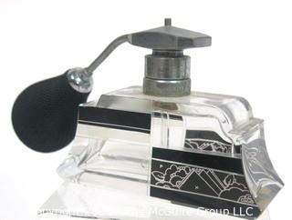 Karel Palda Bohemian Czech Art Deco Clear Cut Glass With Black & Gold Accents Perfume Bottle with Atomizer.