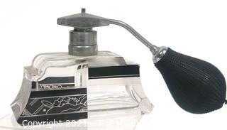 Karel Palda Bohemian Czech Art Deco Clear Cut Glass With Black & Gold Accents Perfume Bottle with Atomizer.