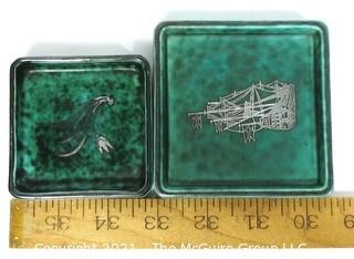 Gustavsberg Argenta Stoneware Pottery Trinket Trays Designed by Wilhelm Kage with Silver Decoration on Jade Green Base. 