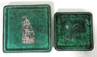 Gustavsberg Argenta Stoneware Pottery Trinket Trays Designed by Wilhelm Kage with Silver Decoration on Jade Green Base. 