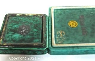 Gustavsberg Argenta Stoneware Pottery Trinket Trays Designed by Wilhelm Kage with Silver Decoration on Jade Green Base. 