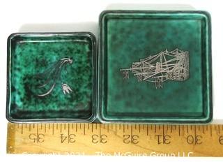 Gustavsberg Argenta Stoneware Pottery Trinket Trays Designed by Wilhelm Kage with Silver Decoration on Jade Green Base. 