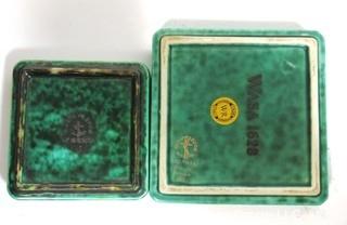 Gustavsberg Argenta Stoneware Pottery Trinket Trays Designed by Wilhelm Kage with Silver Decoration on Jade Green Base. 