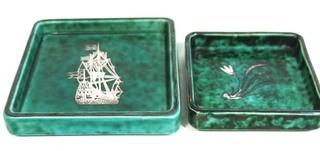 Gustavsberg Argenta Stoneware Pottery Trinket Trays Designed by Wilhelm Kage with Silver Decoration on Jade Green Base. 