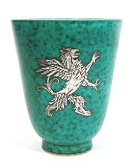 Gustavsberg Argenta Stoneware Pottery Vase or Goblet Designed by Wilhelm Kage with Silver Griffin on Jade Green Base. Measures approximately 5" tall