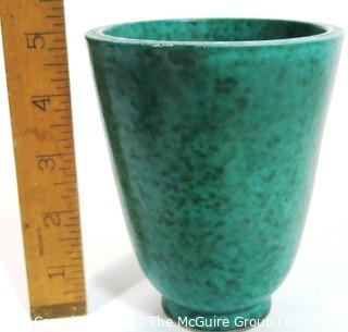 Gustavsberg Argenta Stoneware Pottery Vase or Goblet Designed by Wilhelm Kage with Silver Griffin on Jade Green Base. Measures approximately 5" tall