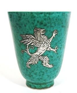 Gustavsberg Argenta Stoneware Pottery Vase or Goblet Designed by Wilhelm Kage with Silver Griffin on Jade Green Base. Measures approximately 5" tall