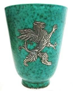 Gustavsberg Argenta Stoneware Pottery Vase or Goblet Designed by Wilhelm Kage with Silver Griffin on Jade Green Base. Measures approximately 5" tall