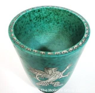 Gustavsberg Argenta Stoneware Pottery Vase or Goblet Designed by Wilhelm Kage with Silver Griffin on Jade Green Base. Measures approximately 5" tall