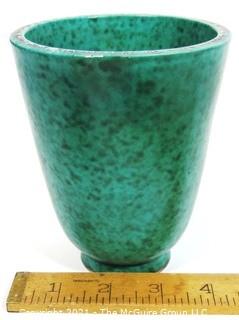 Gustavsberg Argenta Stoneware Pottery Vase or Goblet Designed by Wilhelm Kage with Silver Griffin on Jade Green Base. Measures approximately 5" tall