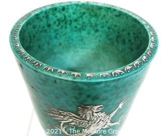 Gustavsberg Argenta Stoneware Pottery Vase or Goblet Designed by Wilhelm Kage with Silver Griffin on Jade Green Base. Measures approximately 5" tall