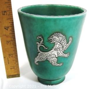 Gustavsberg Argenta Stoneware Pottery Vase or Goblet Designed by Wilhelm Kage with Silver Griffin on Jade Green Base. Measures approximately 5" tall