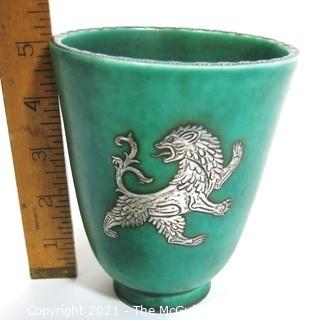 Gustavsberg Argenta Stoneware Pottery Vase or Goblet Designed by Wilhelm Kage with Silver Griffin on Jade Green Base. Measures approximately 5" tall