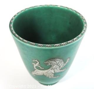 Gustavsberg Argenta Stoneware Pottery Vase or Goblet Designed by Wilhelm Kage with Silver Griffin on Jade Green Base. Measures approximately 5" tall