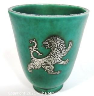 Gustavsberg Argenta Stoneware Pottery Vase or Goblet Designed by Wilhelm Kage with Silver Griffin on Jade Green Base. Measures approximately 5" tall