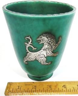 Gustavsberg Argenta Stoneware Pottery Vase or Goblet Designed by Wilhelm Kage with Silver Griffin on Jade Green Base. Measures approximately 5" tall