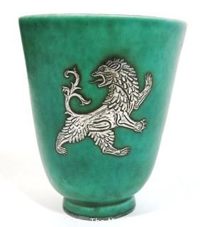 Gustavsberg Argenta Stoneware Pottery Vase or Goblet Designed by Wilhelm Kage with Silver Griffin on Jade Green Base. Measures approximately 5" tall