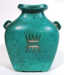 Gustavsberg Argenta Stoneware Pottery Vase Designed by Wilhelm Kage with Silver Lion on Jade Green Base. Measures approximately 8" tall.  Damage to bottom of vase.