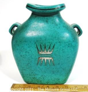 Gustavsberg Argenta Stoneware Pottery Vase Designed by Wilhelm Kage with Silver Lion on Jade Green Base. Measures approximately 8" tall.  Damage to bottom of vase.